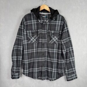 Tony Hawk Fleece Shacket Mens Large Black Grey New Plaid Hooded HMT3840